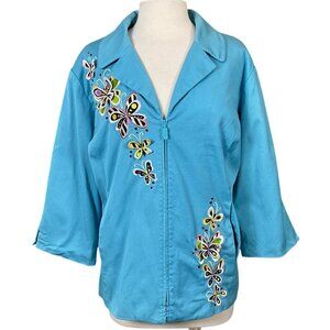 Bob Mackie Wearable Art Butterfly Embroidered Jacket Zip Front 3/4 Sleeves 2X